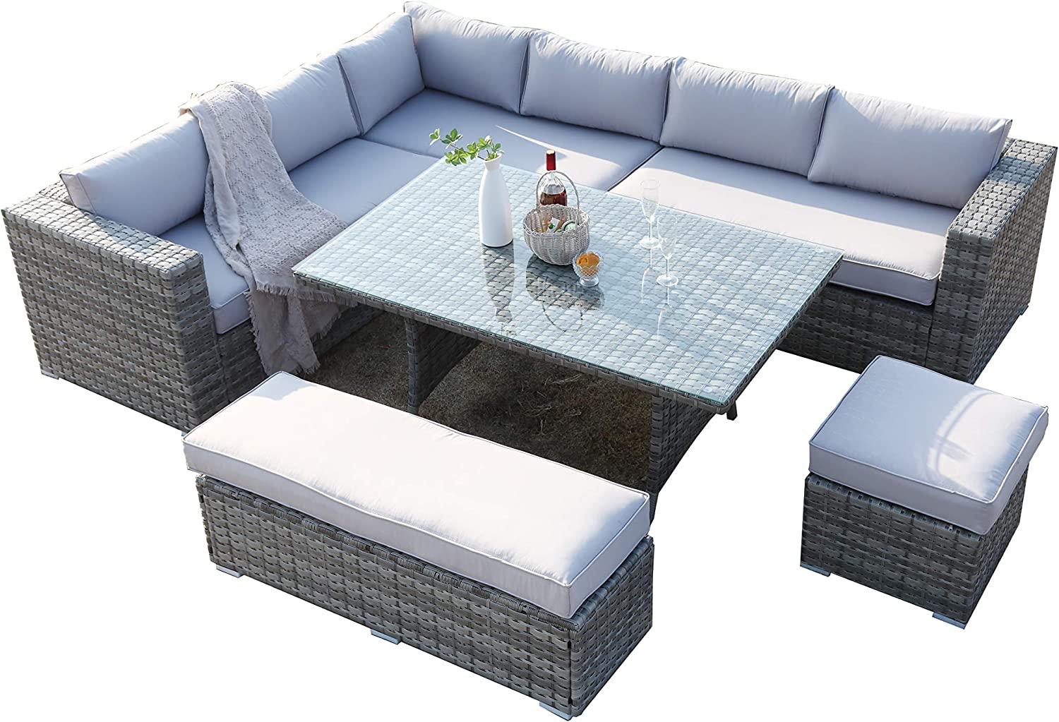 Ecosunny Rattan Garden Furniture Andrew 9 seaters Convertible Corner Sofa (288cm x 225cm x 81cm) Dining Table Set with Bench, Stool and Raincover, Flat pack - Mixed Grey Rattan and Light Grey Cushion