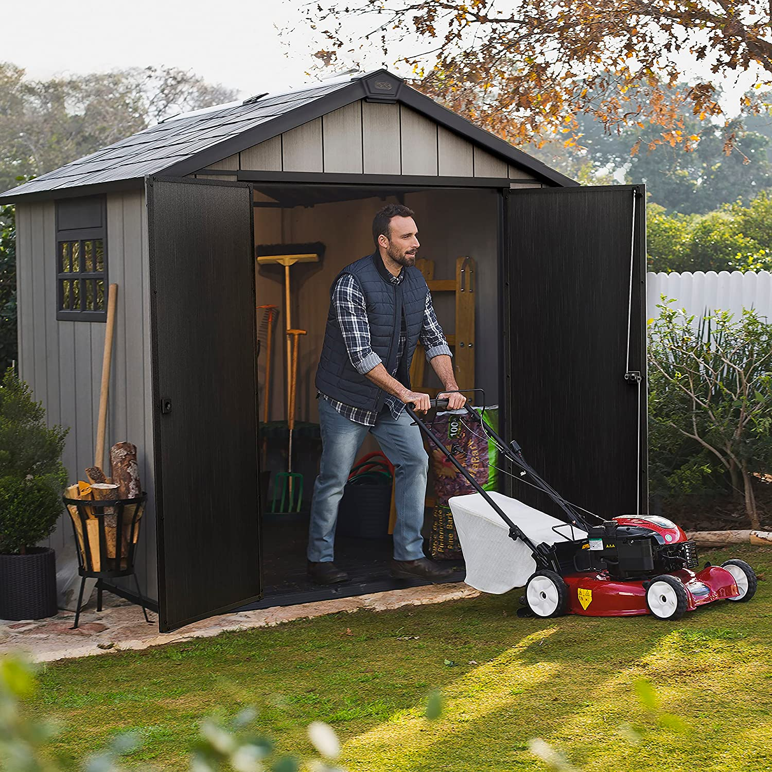 Keter Newton Outdoor Plastic Garden Storage Shed, Brown, 7.5 x 7 feet