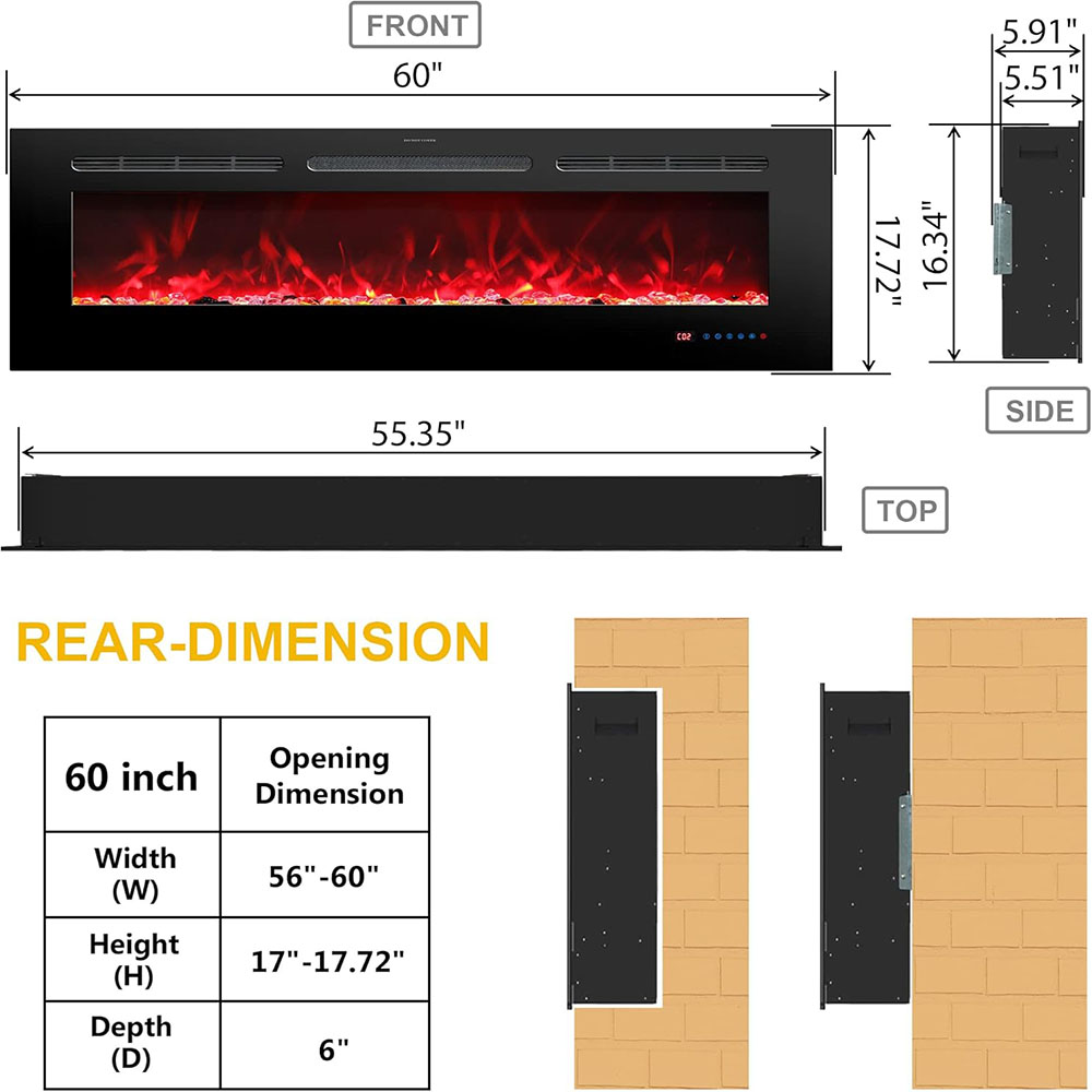 Electric Fireplace Insert Fireplace Heater with Remote Control for Indoor Use