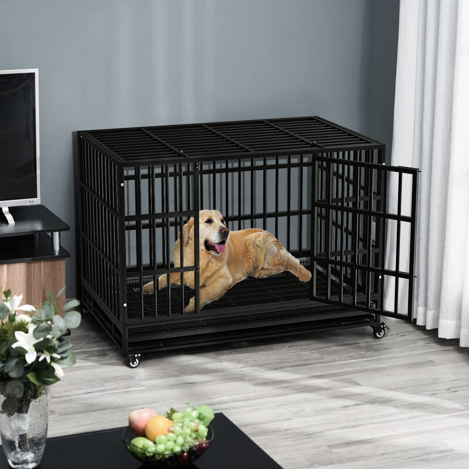 【Pet】【BS】48/38 inch Heavy Duty Dog Crate, Escape Proof Dog cage with Lockable Wheels & Removable Tray