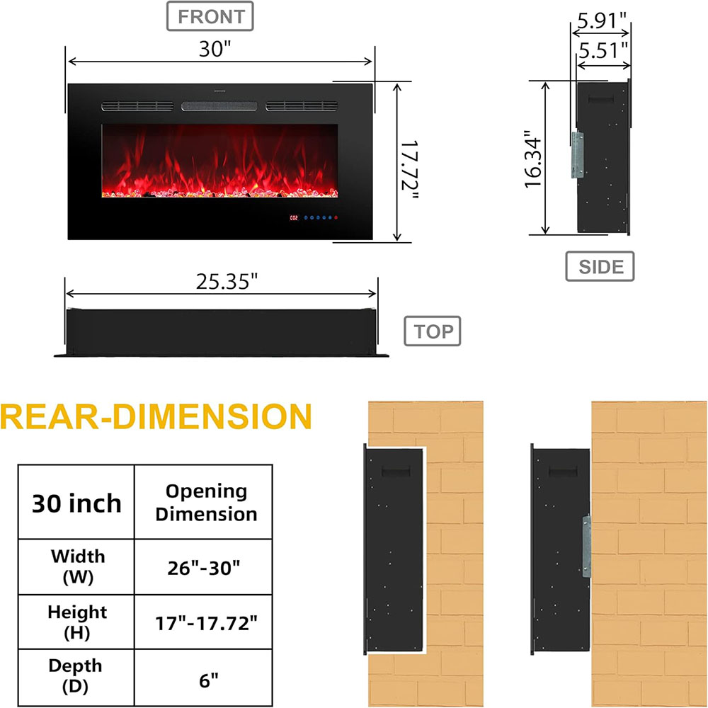 Electric Fireplace Insert Fireplace Heater with Remote Control for Indoor Use