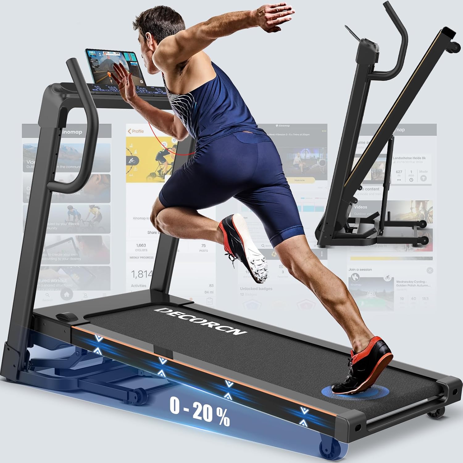 Decorcn Folding Treadmill for Home, 4.5HP, 20 Incline Levels, 1km/h-16km/h, 150KG limited, Runnig Machine for Heavy People with LED, Bluetooth Speakers, Silent Walking Pad for Home Office Gym