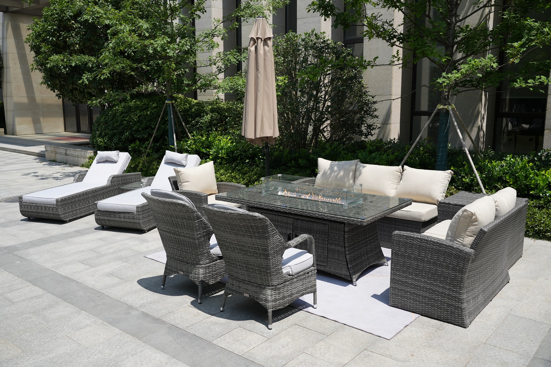 Wicker Patio Gray Wicker Conversational Seating Set with Rectangular Glass Fire Pit Table and Back Chair (Patio Set Option)