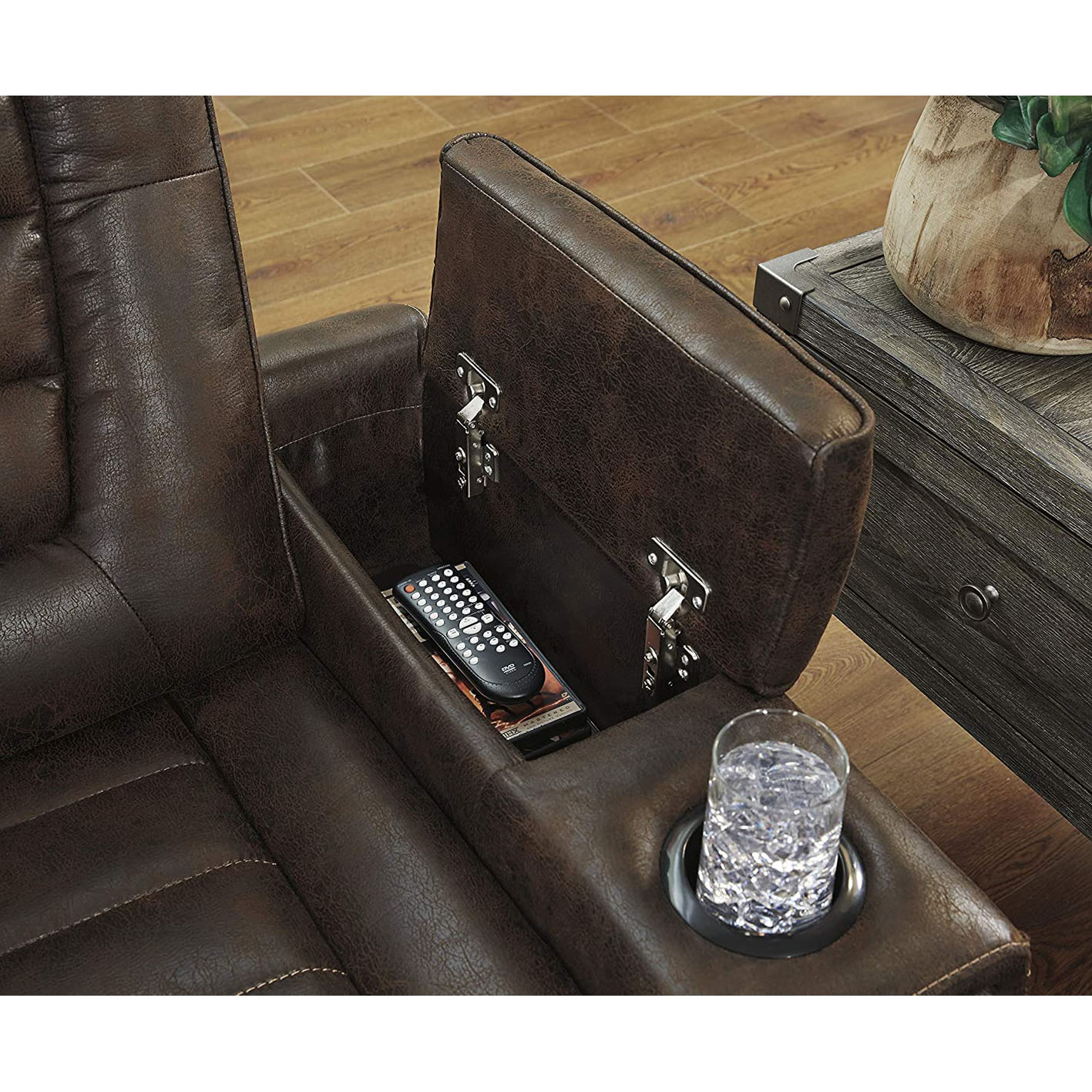 Signature Design by Ashley Game Zone Faux Leather Adjustable Power Reclining Sofa with Cup Holders and Storage