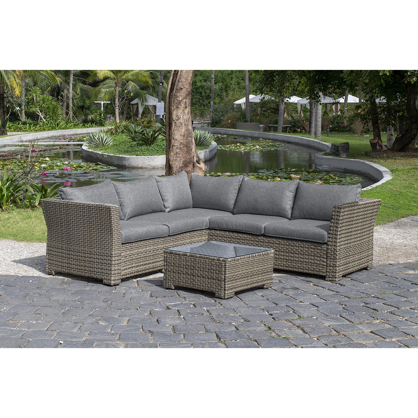 Backyard Furniture Chesterton Luxury 5 Seater Deepseating Rattan Garden Lounge Set with Cushions, Grey, 230 x 146 x 67 cm *UPDATED fabric*