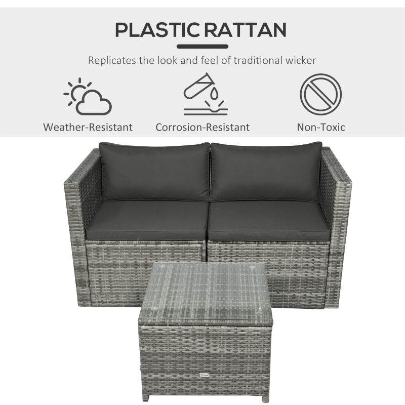 【Furniture】【BS】3 Pieces Patio PE Rattan Bistro Set Cushioned Armchair Sofa and Coffee Table Outdoor Furniture