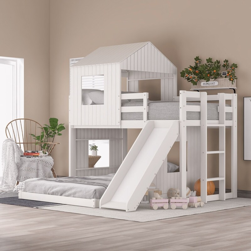 AOOLIVE Wooden Twin Over Full Bunk Bed with Playhouse,White