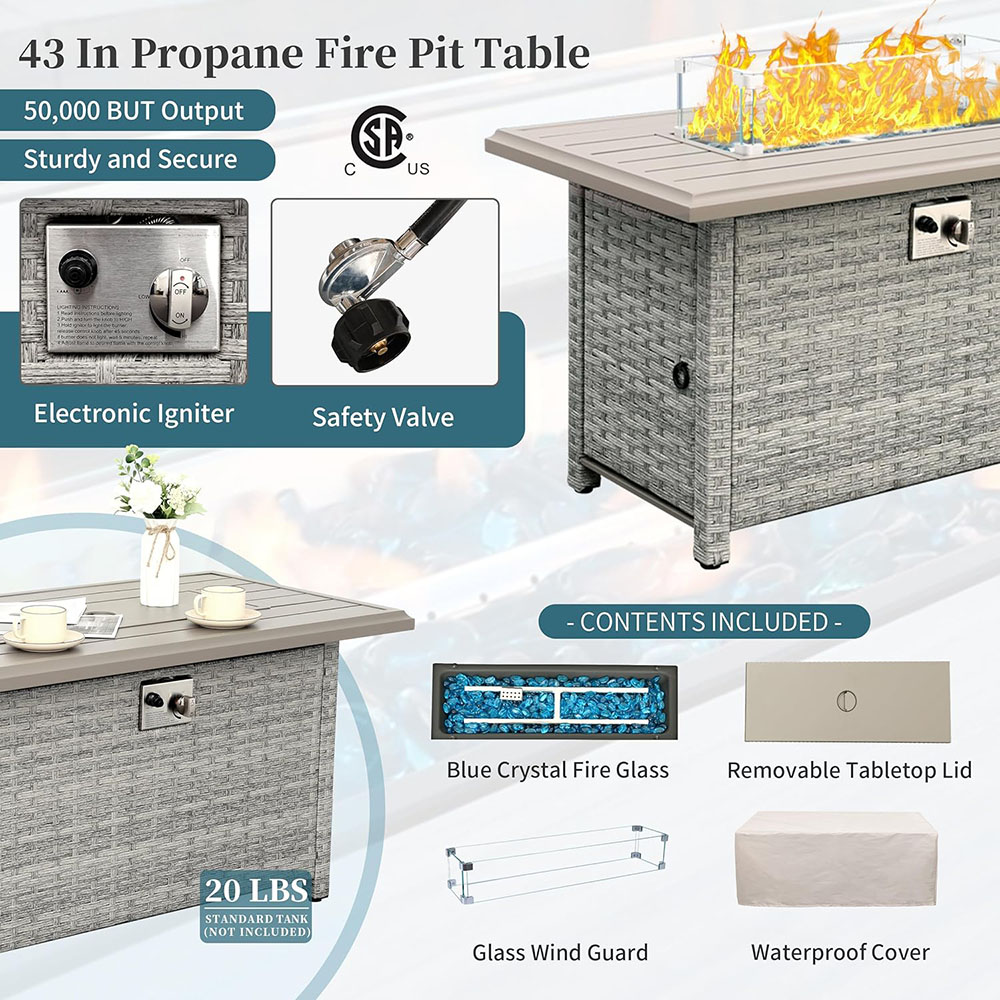 WAROOM patio furniture set 6 piece modular sofa PE rattan reception set with fire pit table