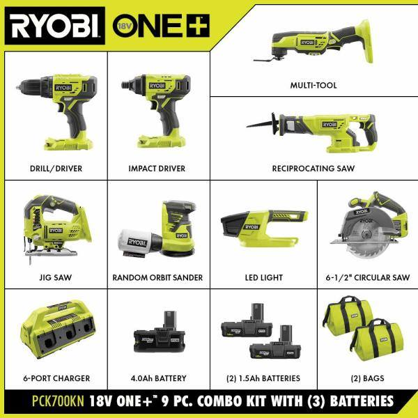Ryobi p1819 18V one + lithium ion combination Kit (9 tools: drilling / driver, impact drill, reciprocating saw, circular saw, multi tool, LED work light, 4.0 ah and 1.5 ah batteries, charger, bag)