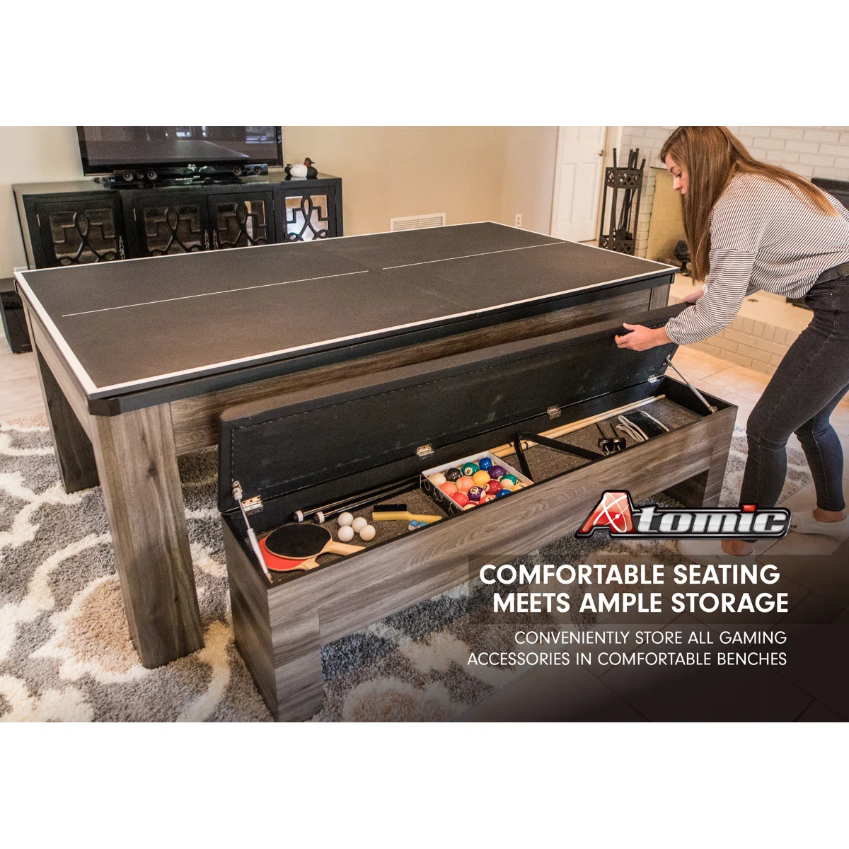 Atomic 7' Hampton 3-in-1 Combination Table Includes Billiards, Table Tennis, and Dining Table with Dual Storage Bench Seating